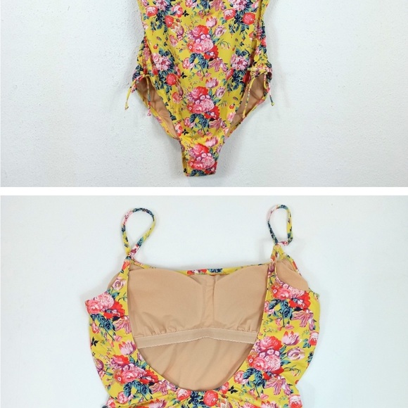 NWT J Crew Liberty Yellow Floral Ruched Side One-Piece Swimsuit Size 14 - Picture 2 of 3